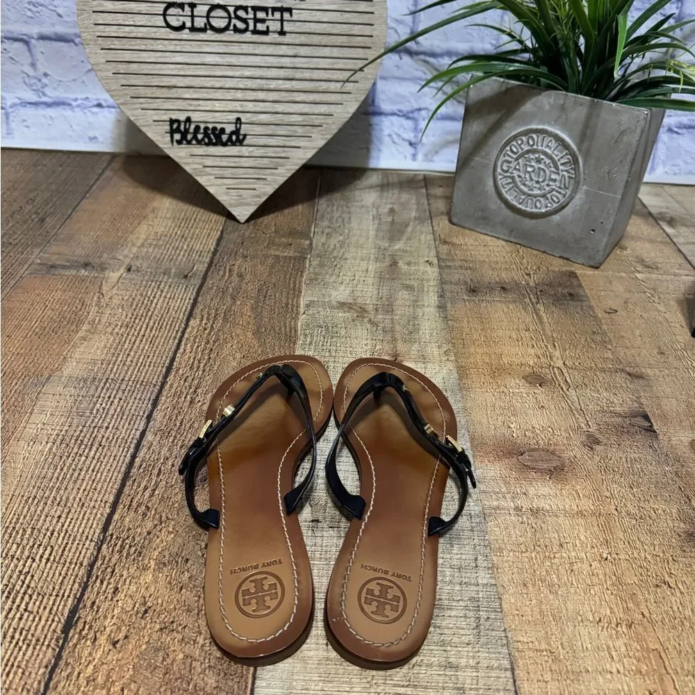 Tory Burch black patent leather mini logo sandals
